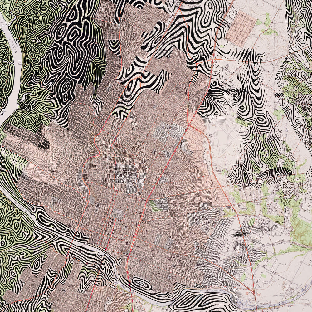 An archival "Ed Fairburn | Austin and Vicinity" paper map of a mountain with ink on street map.
