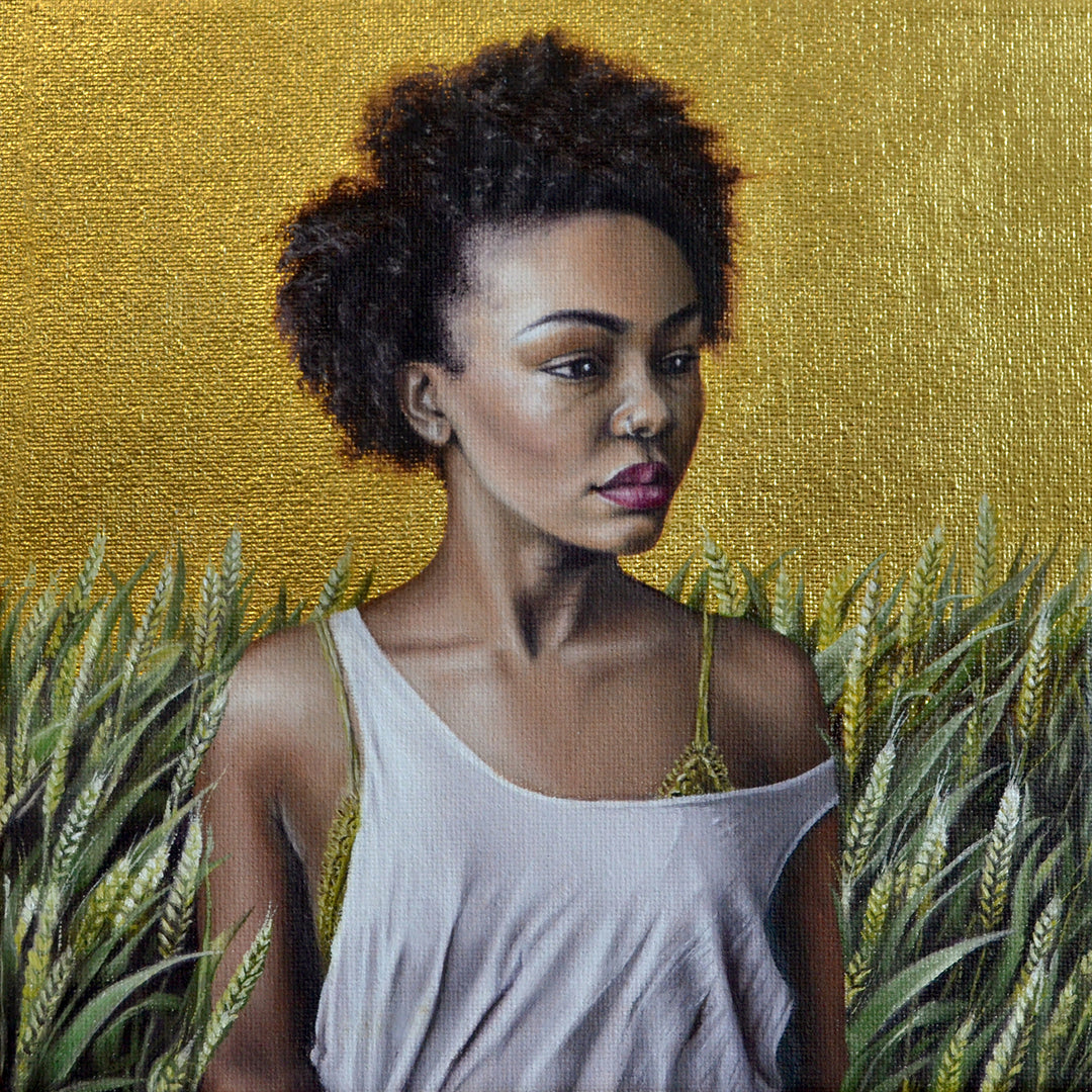 A painting of a woman, Karen Ramsen - "Demeter", in a wheat field with elements of oil and gold foil.