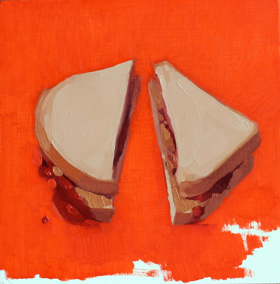 A painting of "I Feel Useful" by Felicia Forte on an orange background by Felicia Forte.