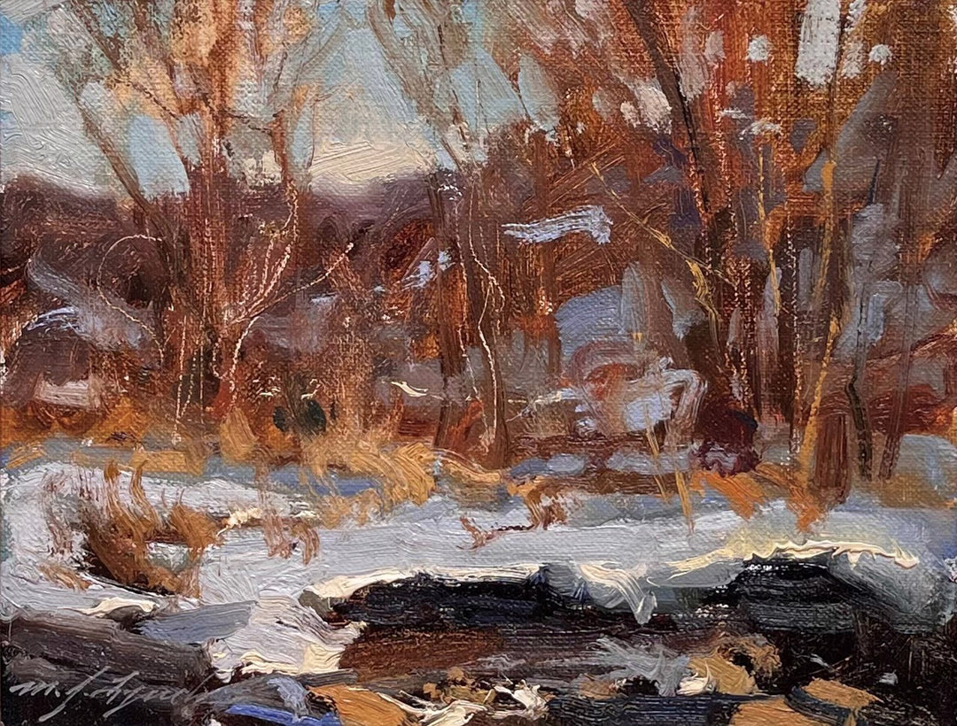 A painting of a winter scene with snow on the ground, featuring Bear Creek and capturing the ambiance of "Late Afternoon - Bear Creek, 1998" by Michael J Lynch.
