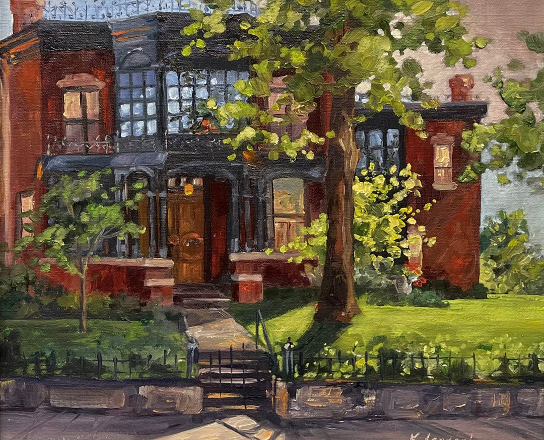 An oil painting by Kathleen Lanzoni, "Byers Evans House," capturing the charm of a red brick house.