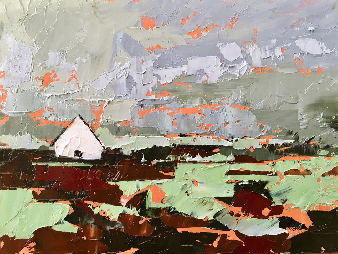 A stunning oil painting by Sandra Pratt showcasing "Red and Green Arrangement" by Sandra Pratt, surrounded by a picturesque field.