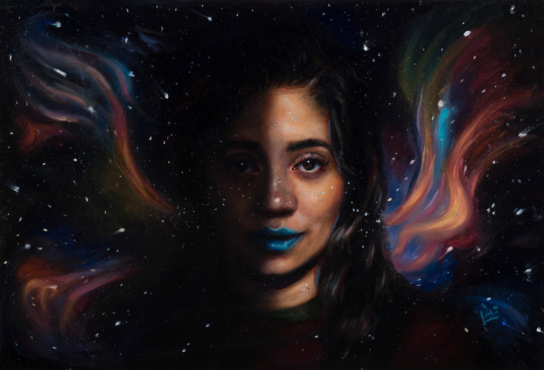 A painting of a woman with blue eyes and blue lips, created using oil on ACM, titled "Shadow Self" by Tiffany Dae.