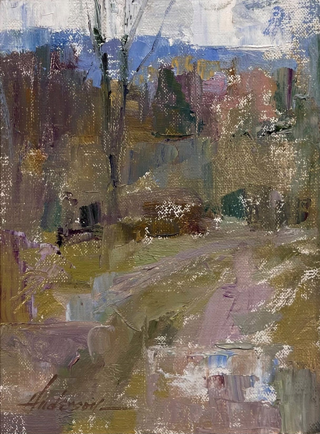 A Carolyn Anderson - "Landscape Study, 2011" painting of a field with trees.