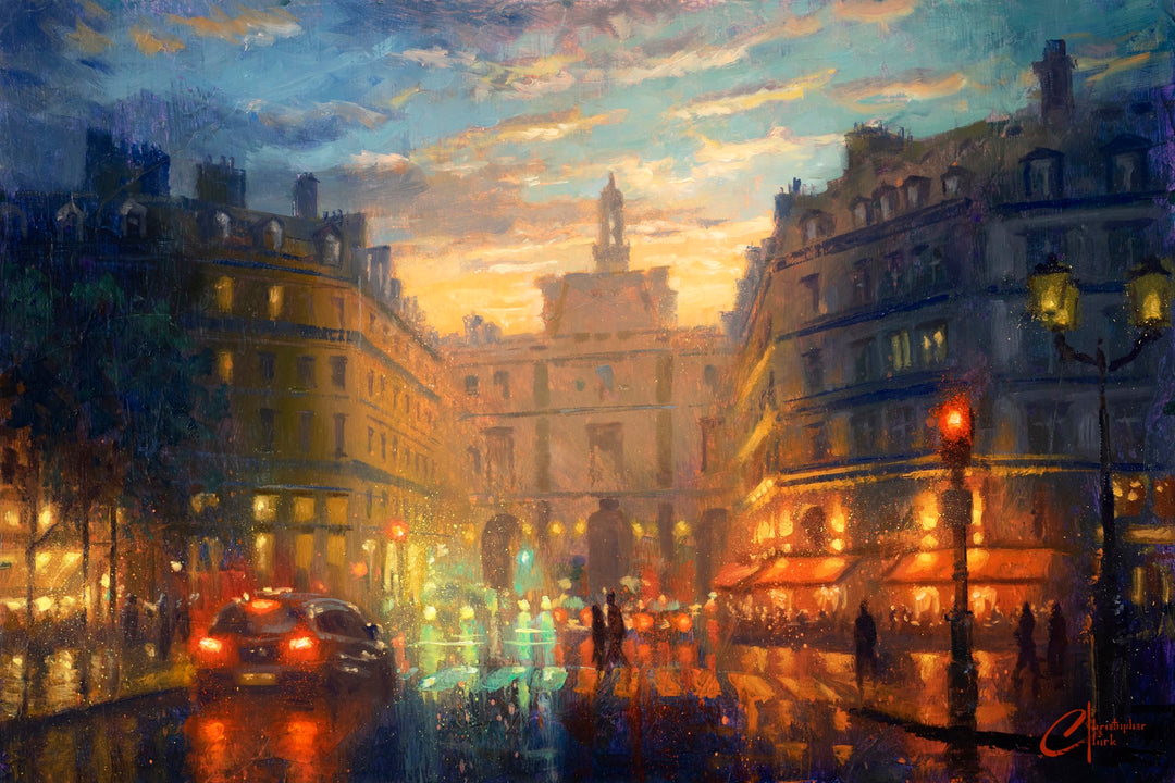 A mesmerizing oil and acrylic painting capturing the enchanting aura of a city at night, inspired by Christopher Clark's "Paris, Hotel du Louvre, 2022" from the brand Christopher Clark.