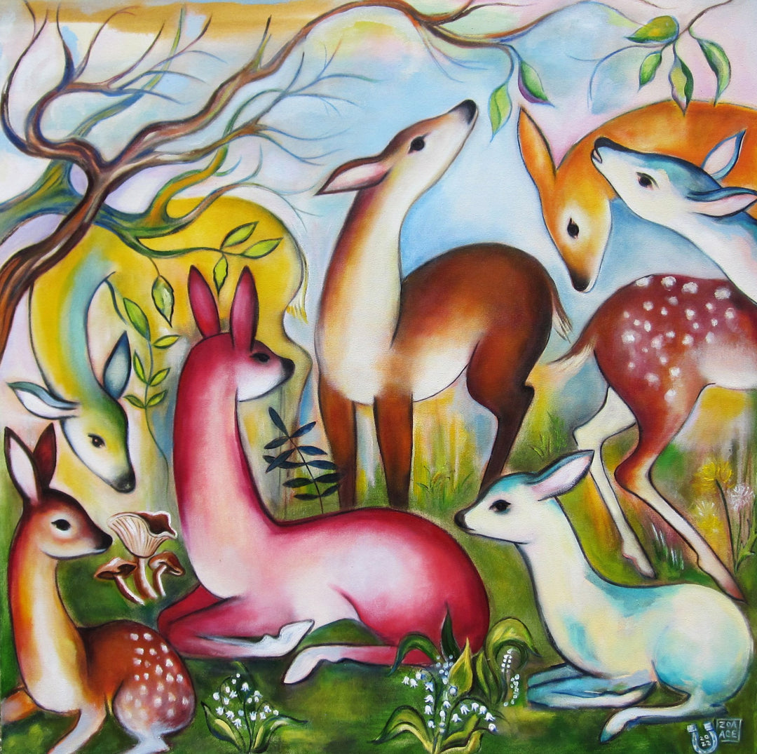 A painting of a group of deer in the woods, rendered in stunning detail with Zoa Ace - "La Primavera" on canvas.