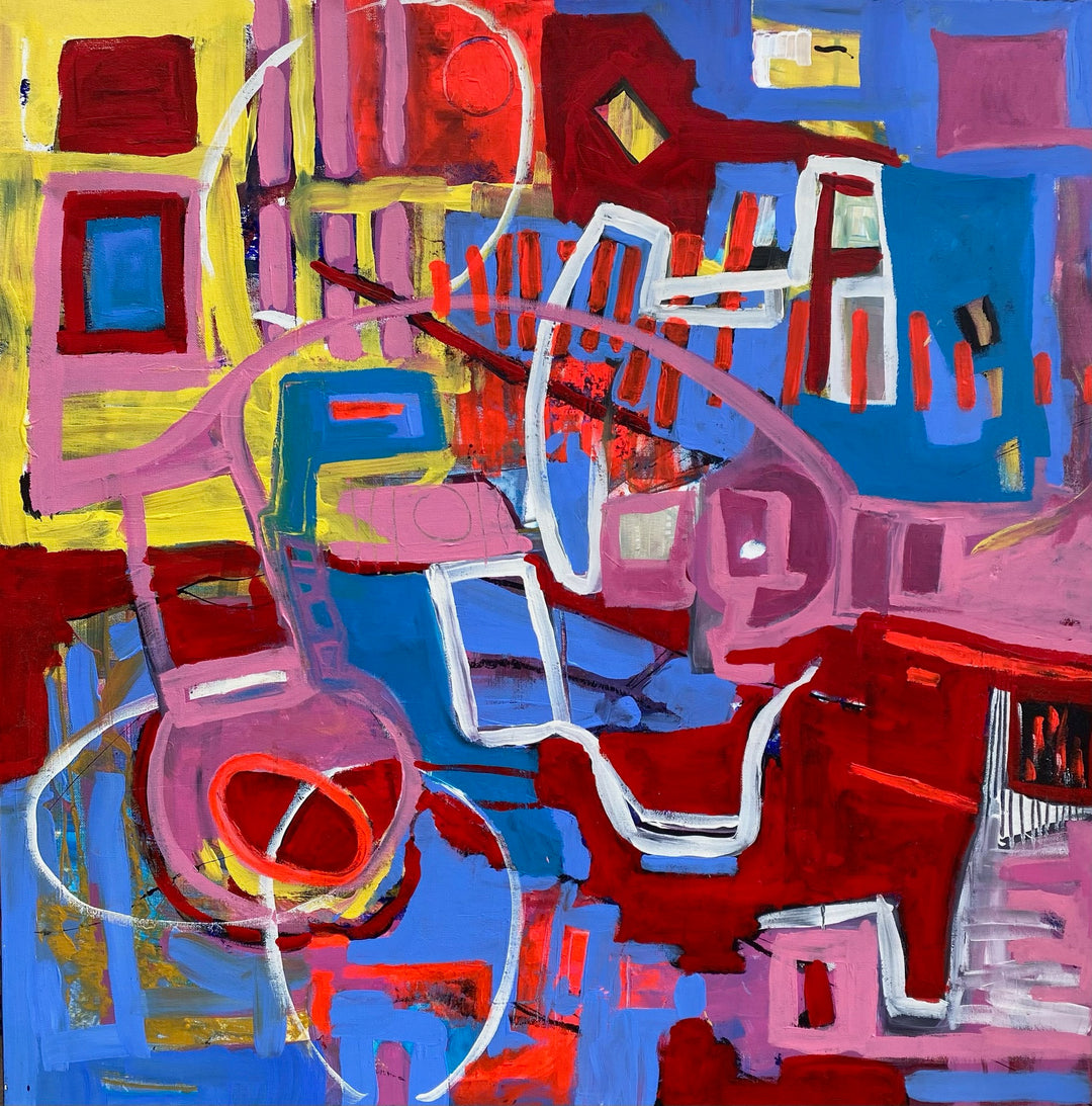 An abstract painting with red, blue, and yellow colors titled "B & B Expands, 2022" by Jennifer Bobola.
