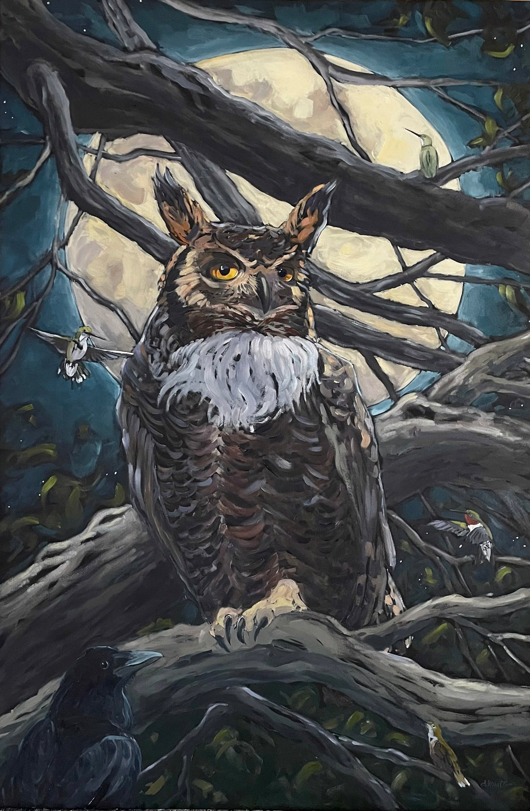 The Deb Komitor - "The Oracles", a painting by Deb Komitor in 2021, depicts an owl perched on a tree branch silhouetted against a full moon.
