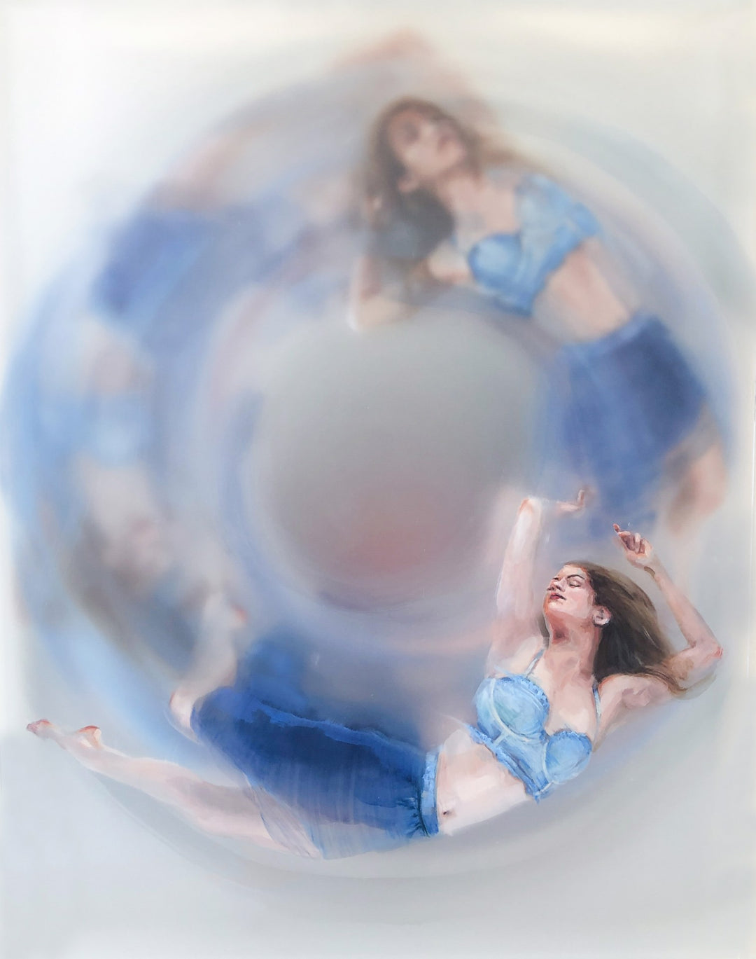 Into the Blue" - A stunning oil painting of Michelle Jader, elegantly adorned in a blue dress by Michelle Jader.