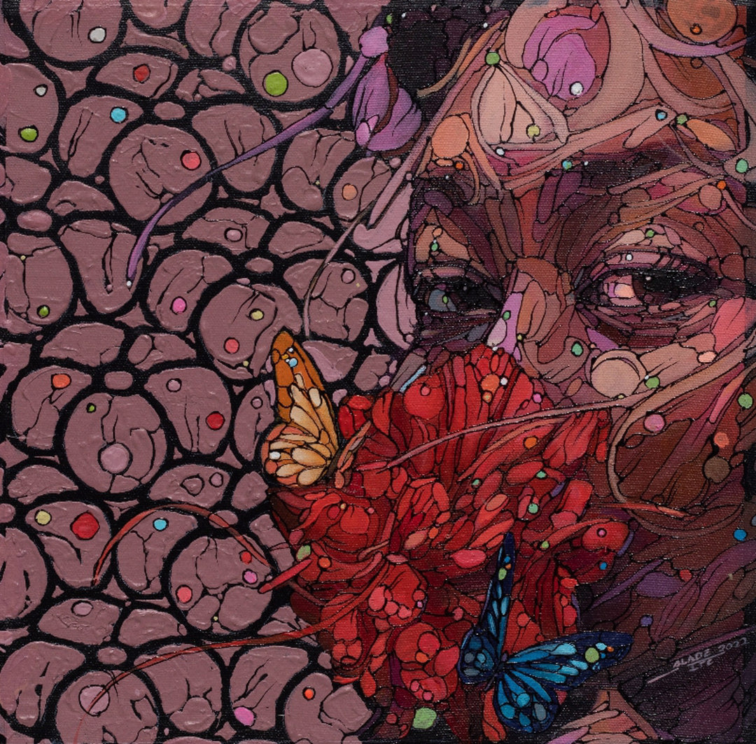 An Ifeoluwa Alade - "Nectar I" acrylics on canvas painting of a woman with a flower in her mouth by the artist Ifeoluwa Alade.