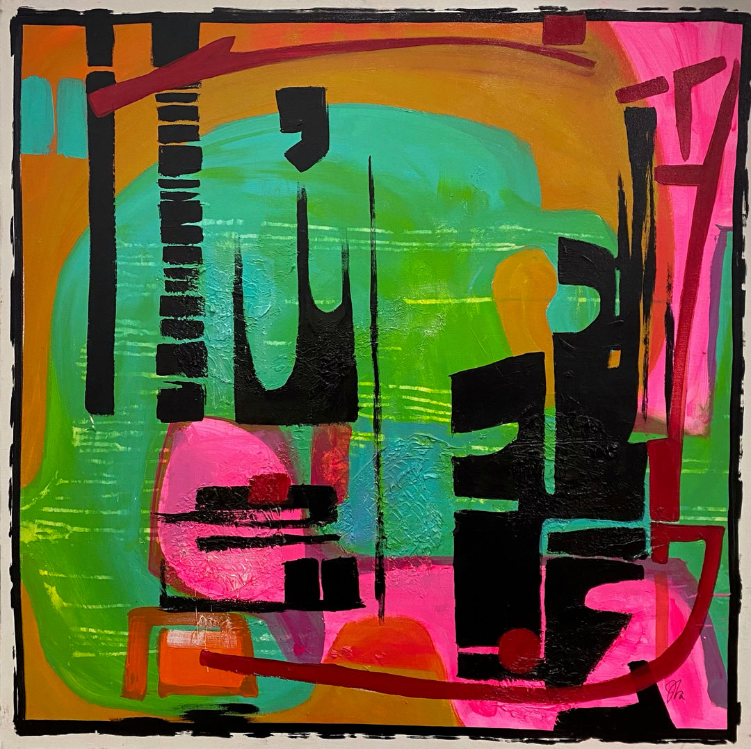 An abstract painting with pink, green, and black colors. The Jennifer Bobola - "Satellite, 2022" art piece showcases a beautiful blend of colors created using a unique technique. The mesmerizing composition evokes various emotions and captivates the viewer.