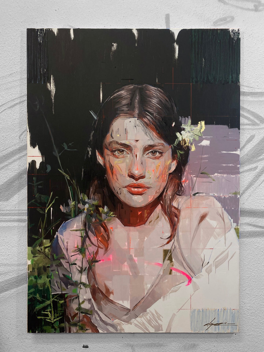 Conrado López, an artist, creates a stunning painting of a woman with flowers on her face using a unique medium called "Diana, 2023".