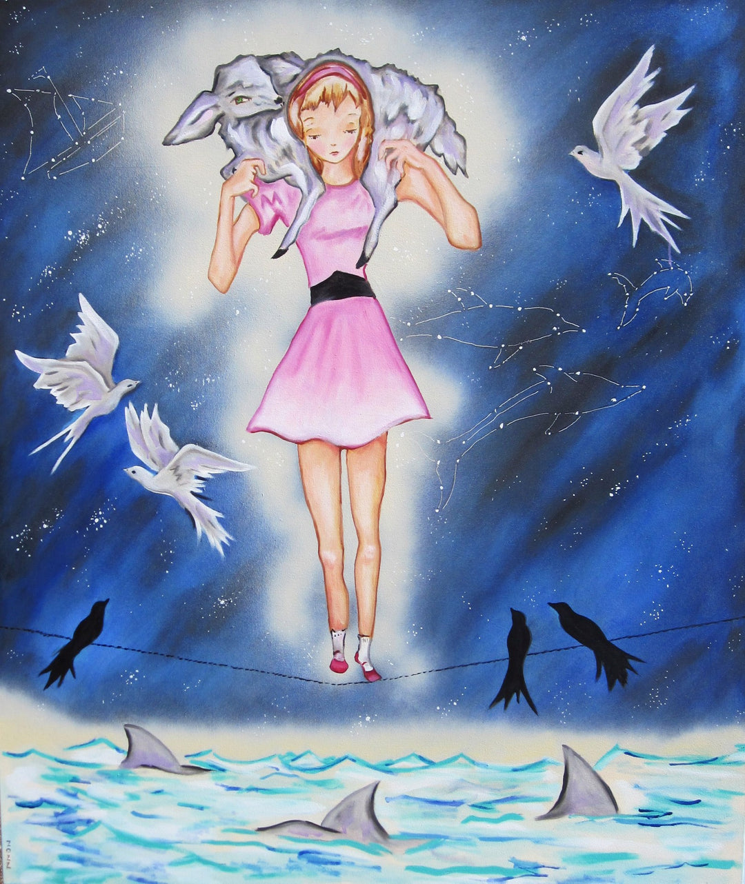 The Louis Recchia - The Cautious Guardian," by Louis Recchia, is a mesmerizing painting featuring a girl gracefully standing on a wire, while birds surround her.