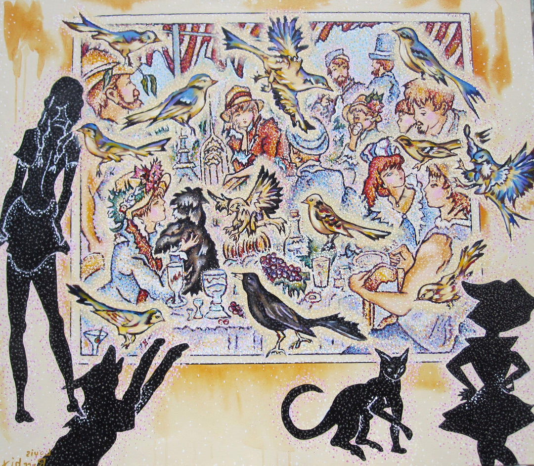 A painting of silhouettes of cats, birds, and people in Louis Recchia's "Renoir's Boathouse with Silhouettes".