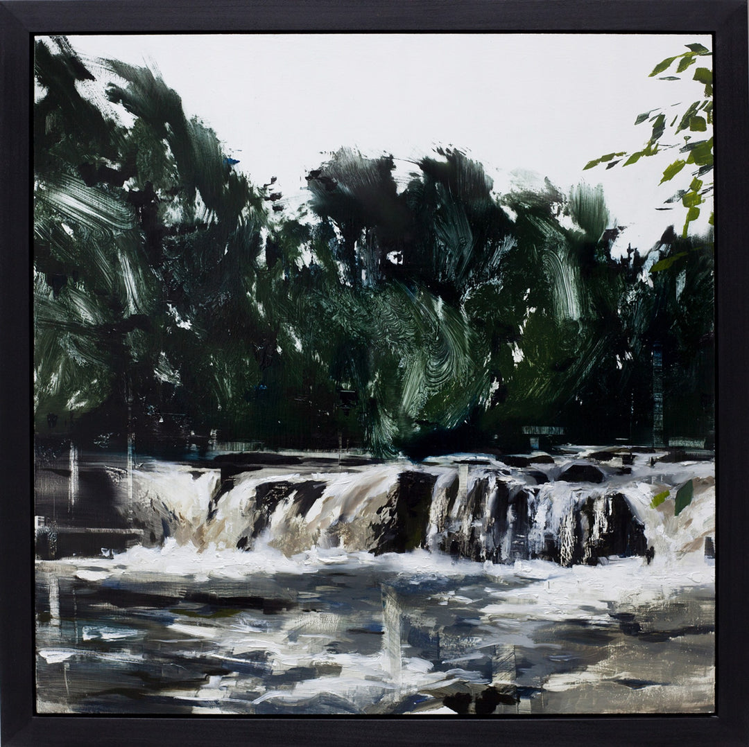 An oil painting of Jon Doran - "Woodland Waters", featuring a pristine waterfall, elegantly framed in black.
