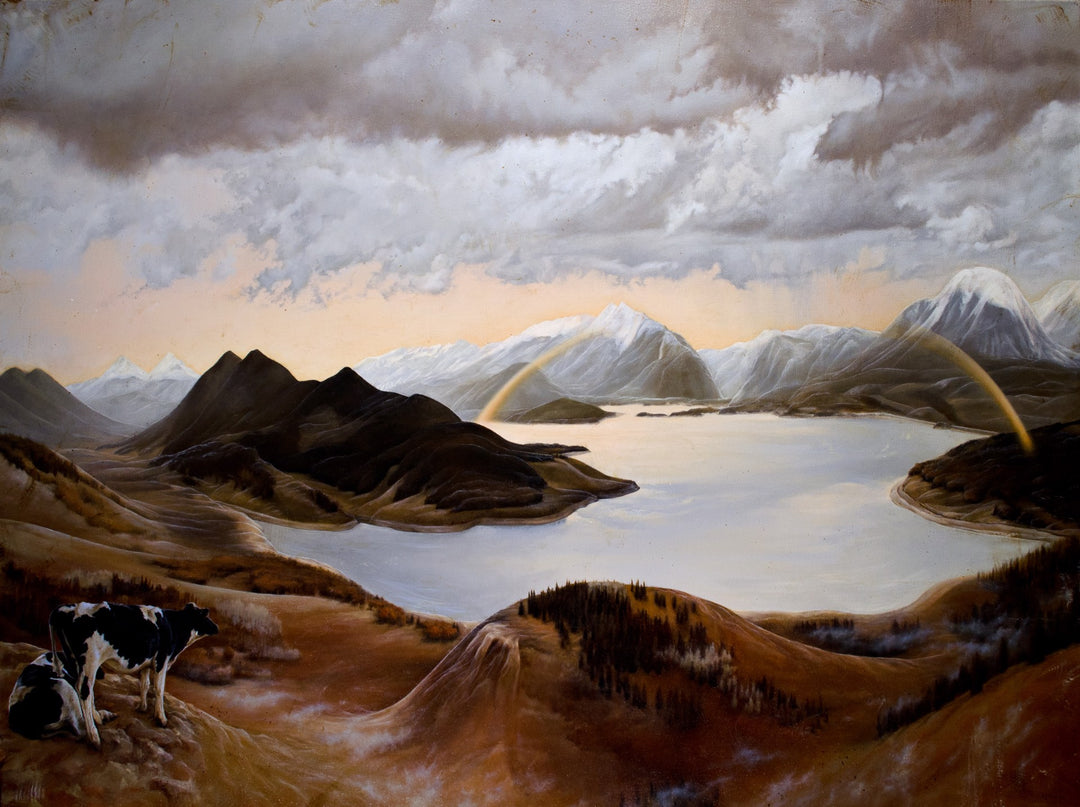 An oil painting of a dog standing next to a lake with a rainbow in the sky, created by Dana Hawk - "Gapers, 2015," from the brand Dana Hawk.