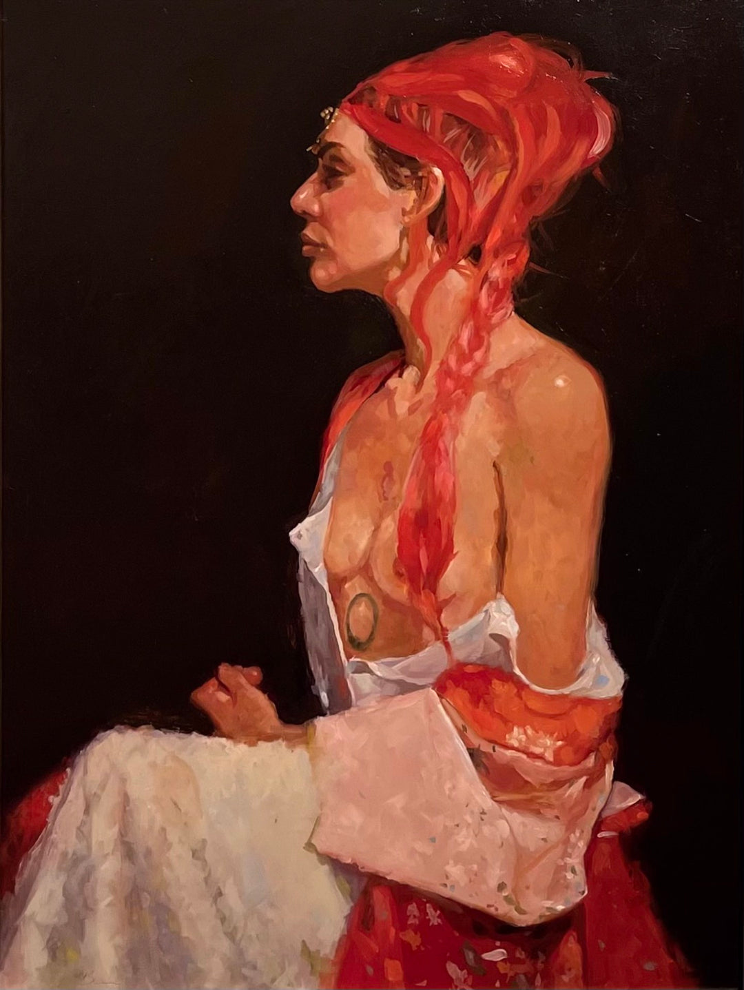 Brian Busch's "Ayla" is an exquisite oil painting featuring a captivating woman with fiery red hair. The stunning artwork is expertly executed on a gessobord panel.