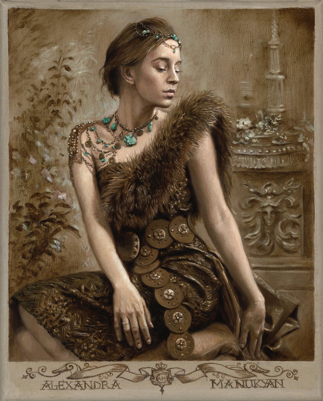 A 10 x 8 inch painting of a woman in a costume, created by Alexandra Manukyan using oil on Belgian linen, entitled "A Heart Asunder" by Alexandra Manukyan.
