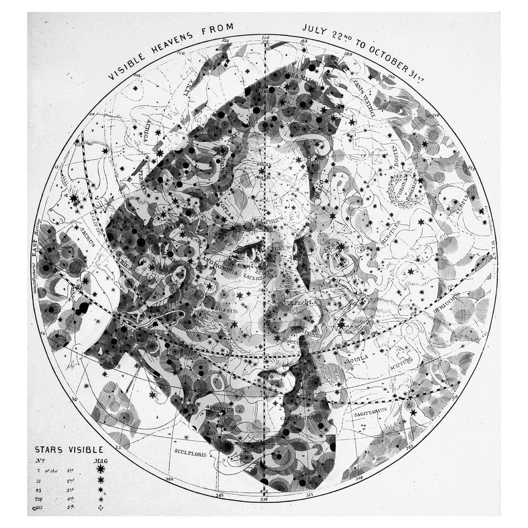 "Anna Fisher" star map drawing by artist Ed Fairburn, depicting the first mother in space using intricate celestial patterns and constellations.