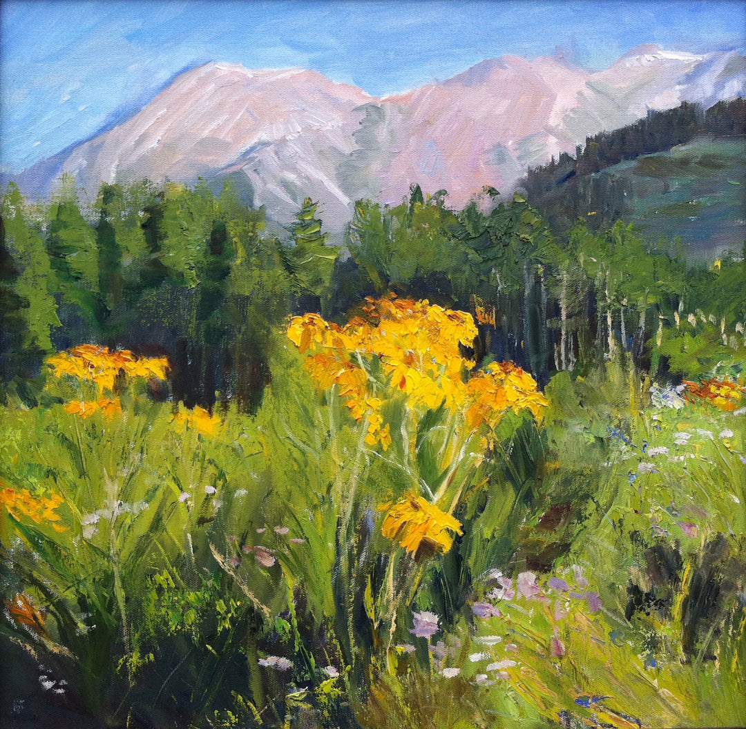 An artist's oil painting of yellow flowers in a field with mountains in the background, capturing the serene beauty of Marin Dobson - "Wildflower Trail" by Marin Dobson.