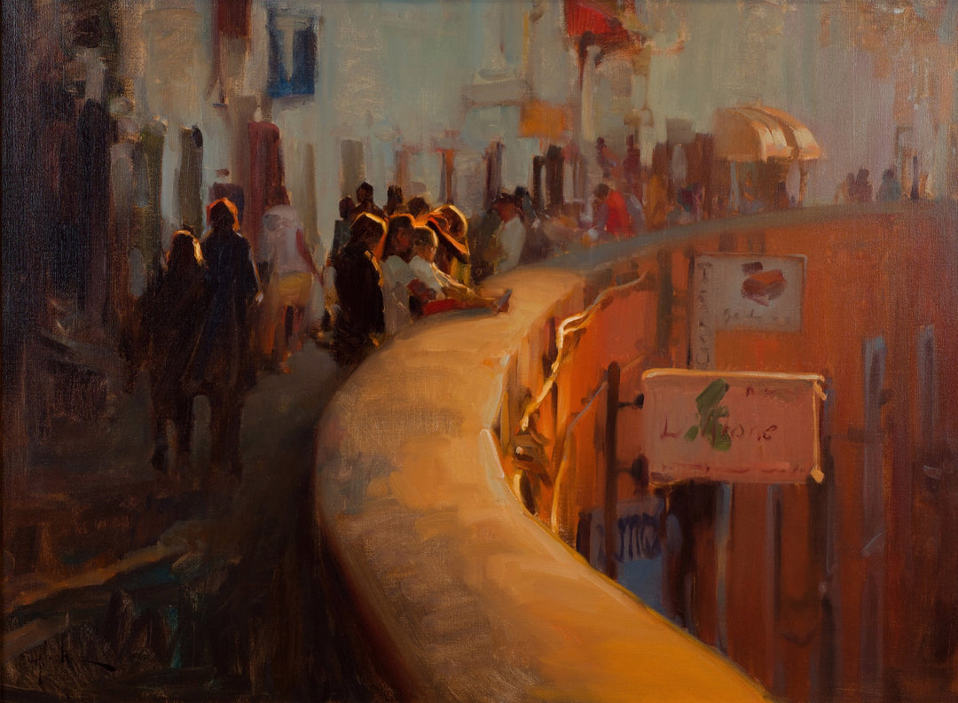 A "Sunset, Ponza, 2002" painting of people walking down a street created by Kim English.