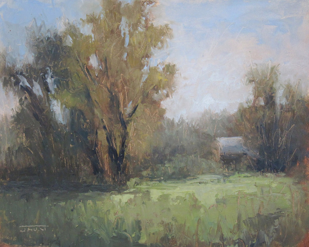 Jane Hunt - 'Near Walden Pond' is an artist renowned for her breathtaking oil paintings, and she has captured the beauty of a field with trees and a barn in one of her captivating pieces.