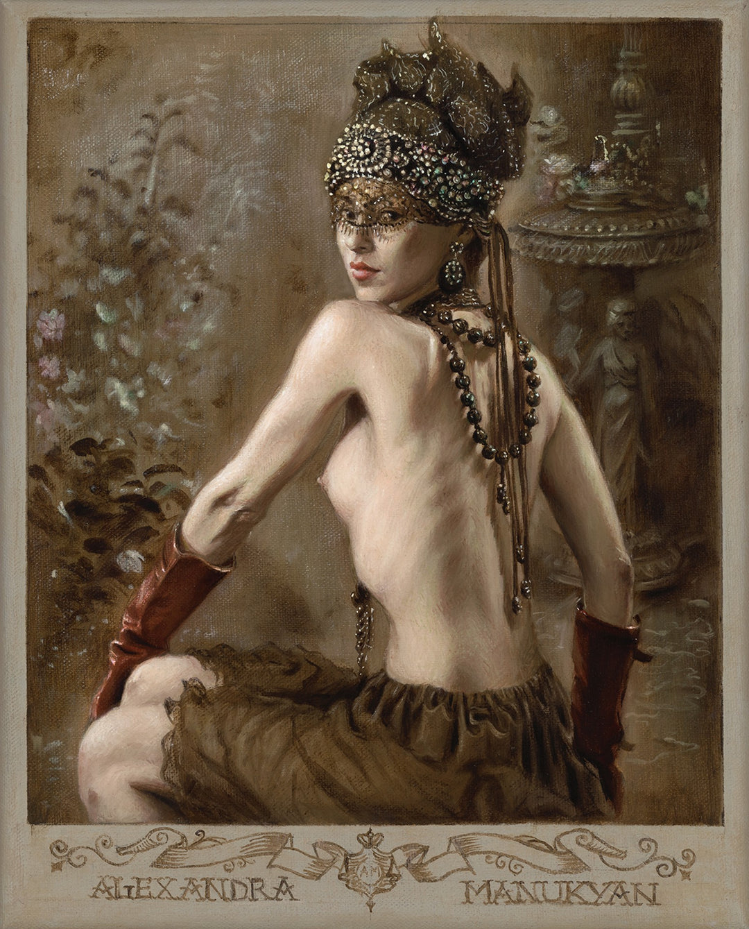 A mesmerizing oil painting of a woman in an exquisite costume, skillfully created by the talented artist Alexandra Manukyan on high-quality Belgian linen, featuring "I Care Not For Heaven And I Fear Not Hell" by Alexandra Manukyan.