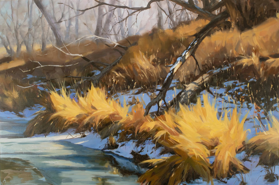 A vibrant oil painting capturing the serenity of a snow-covered stream, measuring 24 x 36 inches, named "Spring Awakening, 2022" by Judd Mercer.