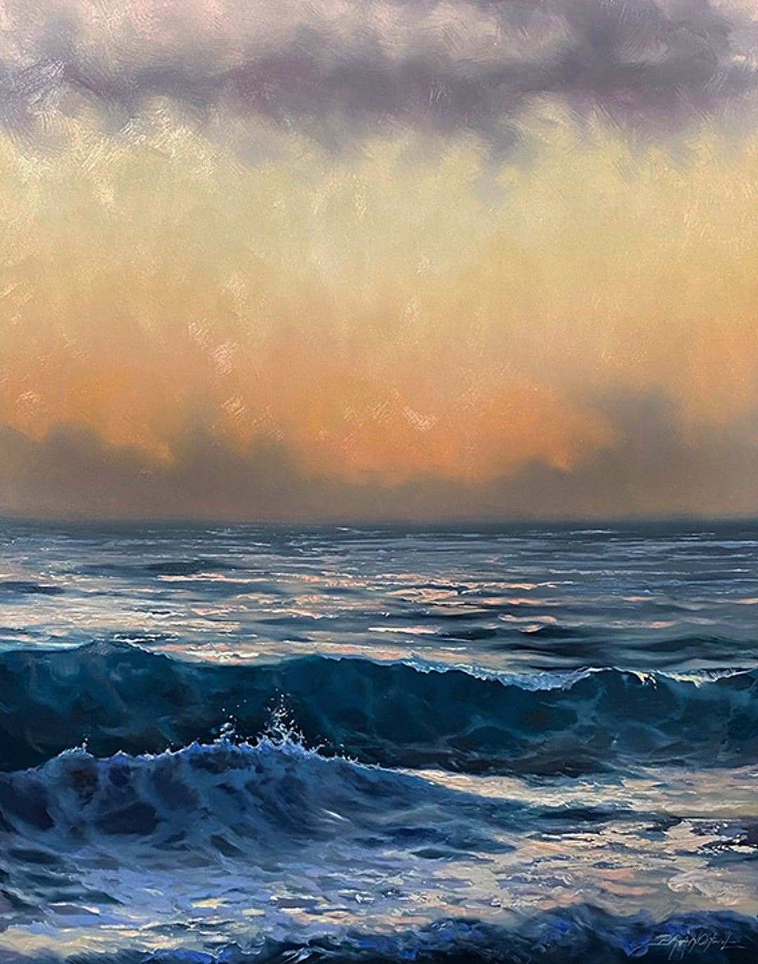 Brian O'Neill's Golden Dawn oil on panel masterpiece captures the mesmerizing beauty of the ocean at sunset, with warm hues of gold and dawn blanketing the horizon.