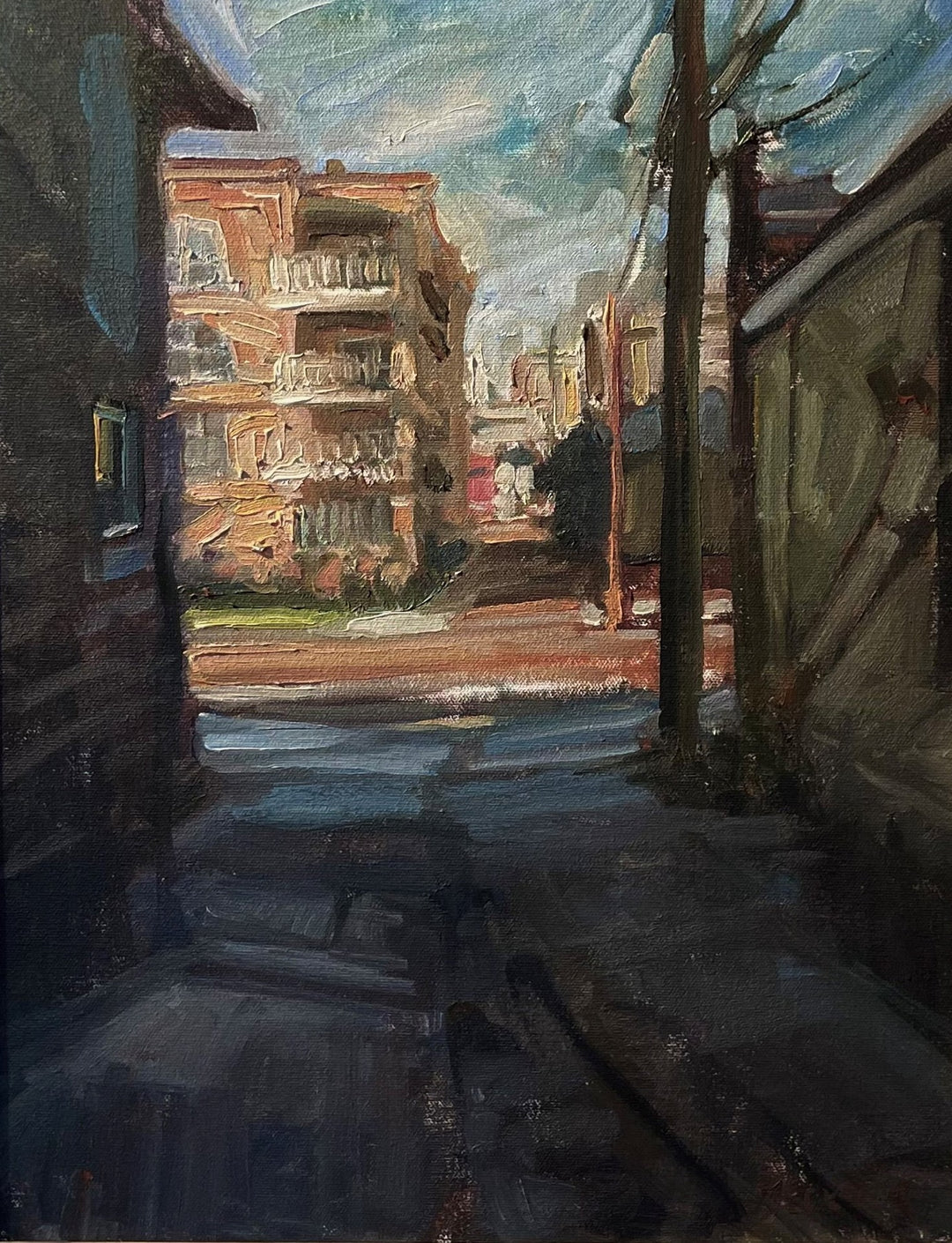 An oil painting of a street with buildings in the background, created by Jim Beckner using oil on panel technique, named "Golden Triangle Sunset" by Jim Beckner.