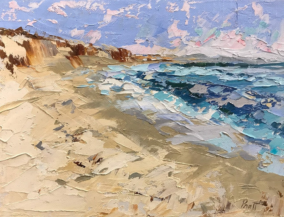 Sandra Pratt's "Ocean View" painting features waves and sand on a beach, by Sandra Pratt.