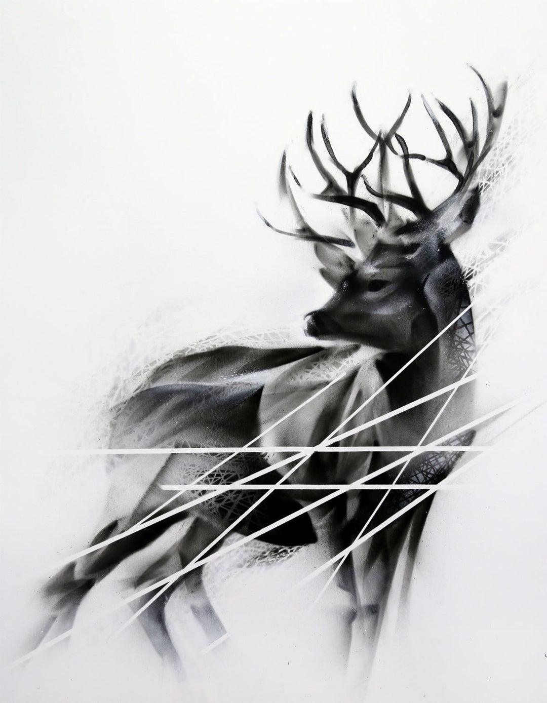 An Aaron Li-Hill - "Exposed" artistically-exposed black and white painting of a deer created in 2015.