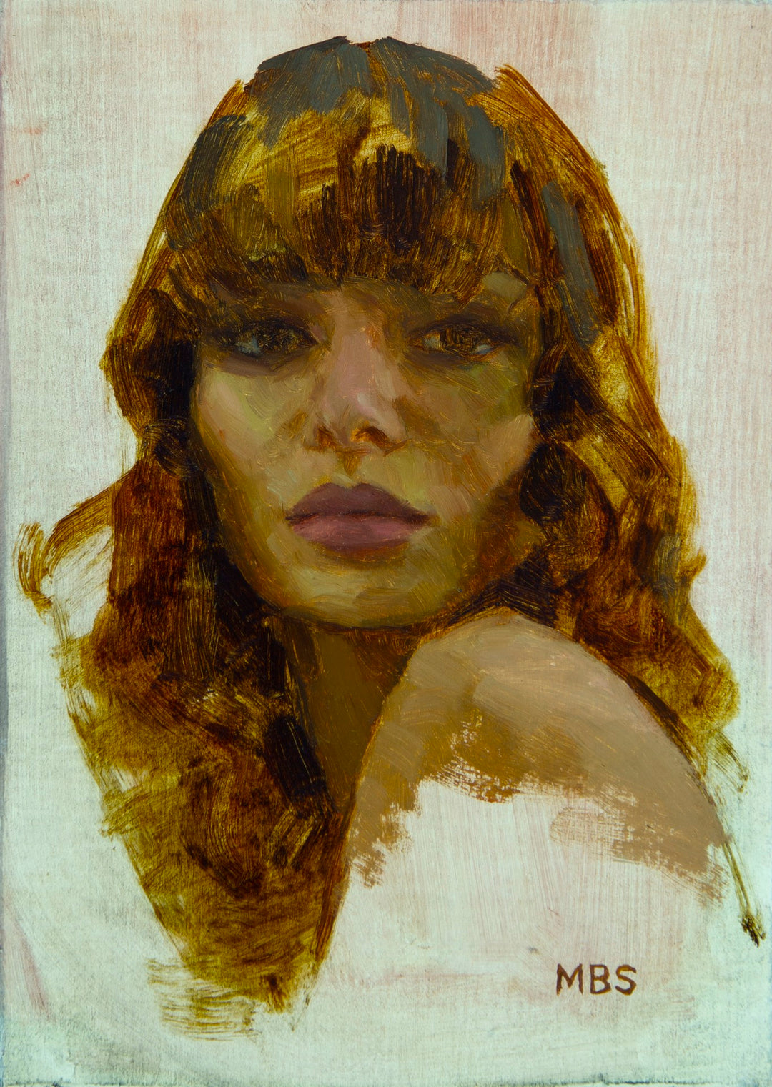 A captivating oil painting of a woman with luscious brown hair created by Mark Bradley Schwartz - "Allure v1", an accomplished artist.