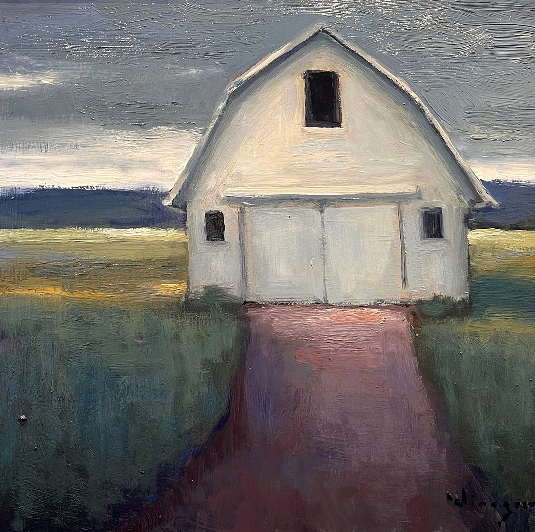 A 2022 painting by Seth Winegar depicting a white barn in the middle of a field under a grey sky - Seth Winegar's "Grey Sky Barn".