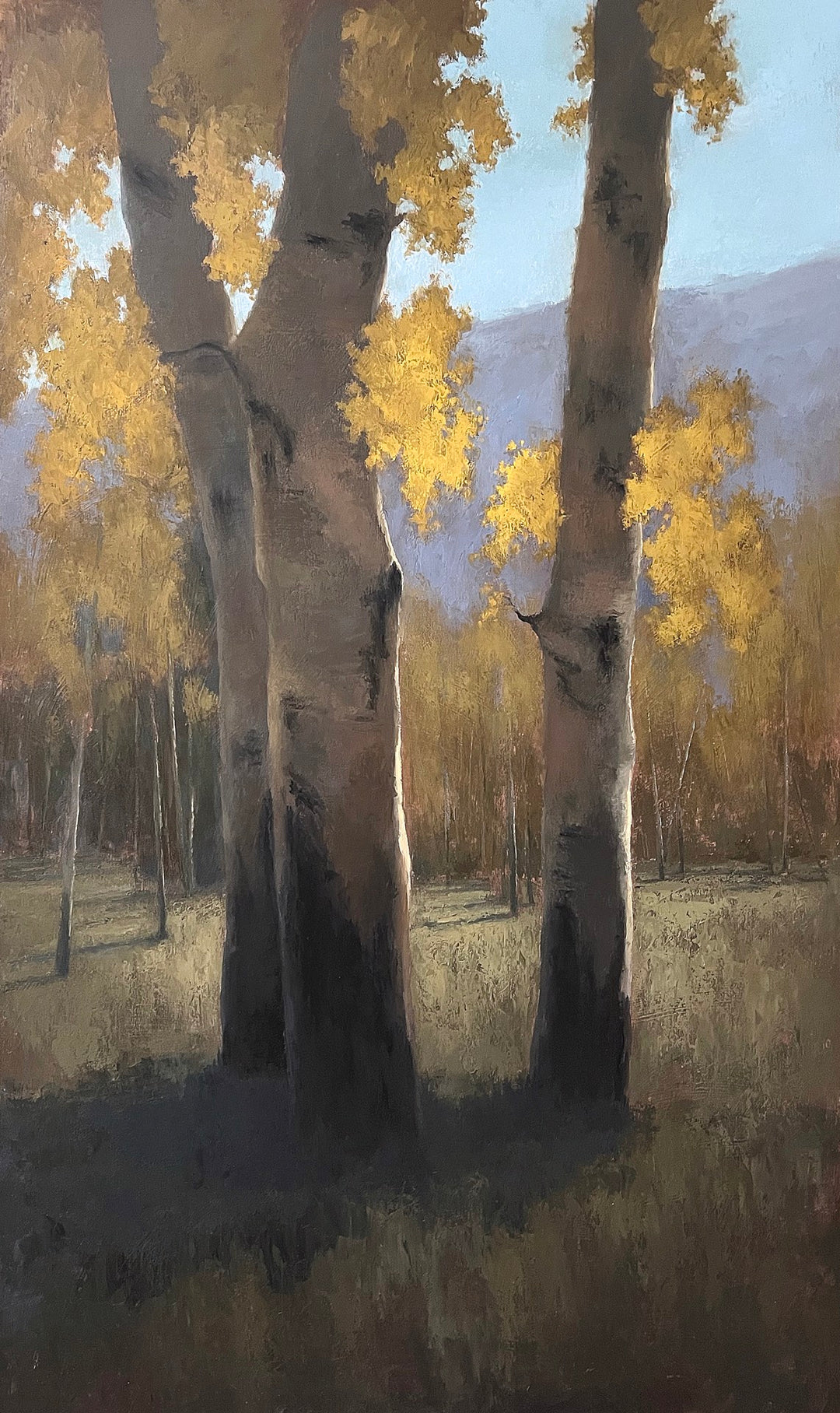 A painting of "Golden Aspens" by Jane Hunt, measuring 60 x 36 inches and created with oil on panel.