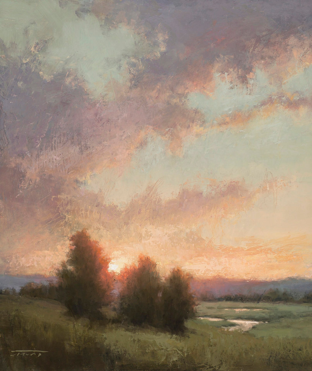 A Jane Hunt "Through the Trees" painting of a sunset over a field, created in oil on board.