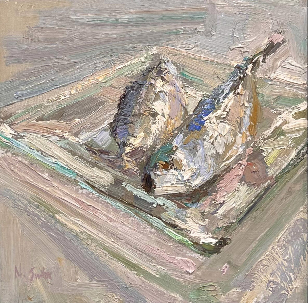 Nancy Switzer's oil on panel artwork beautifully captures the vibrant colors and intricate details of two fish displayed on a Nancy Switzer Mackerel Plate, 2018.
