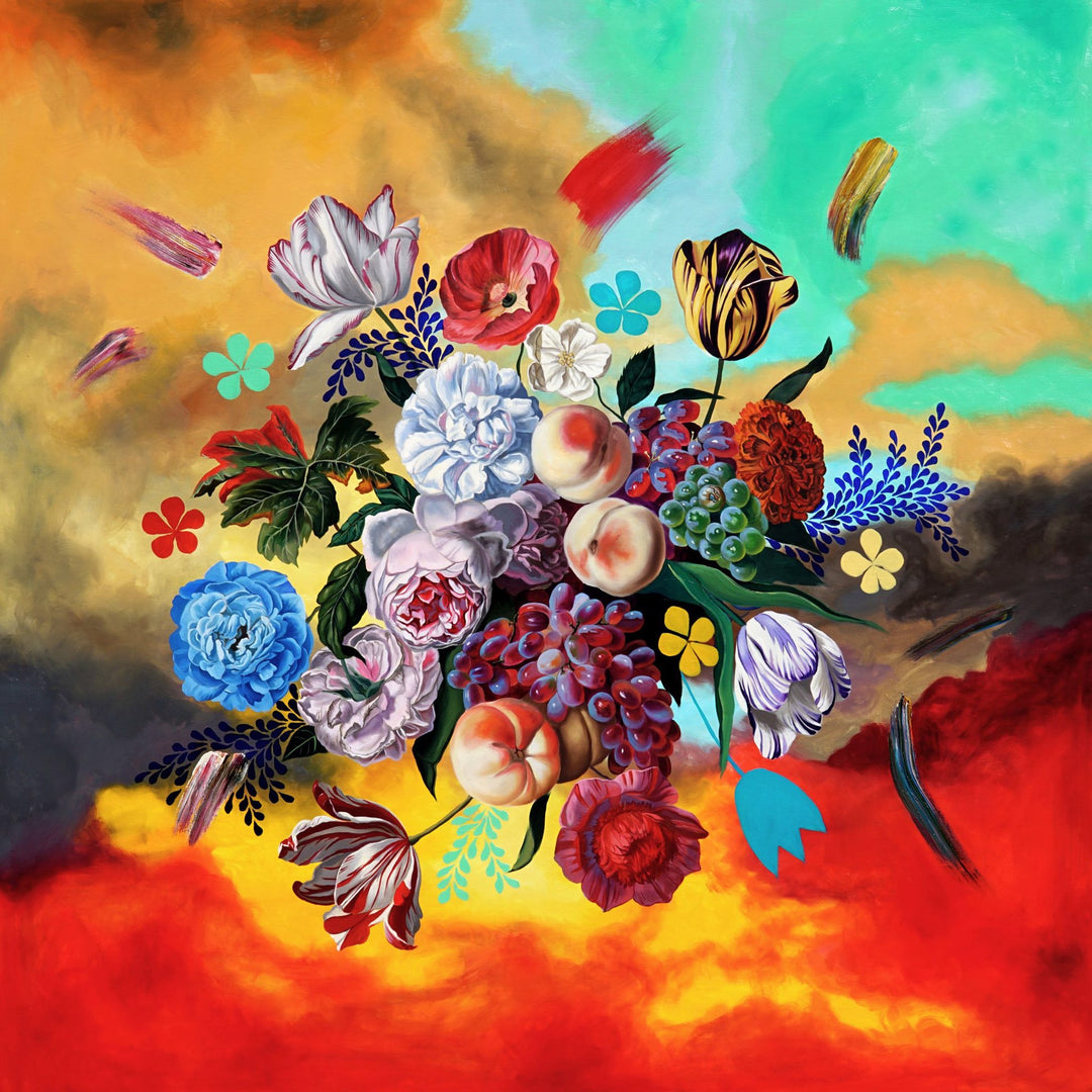 An "Flowers Turning in the Sky" oil on panel painting by Robin Hextrum depicting a bouquet of flowers on a red background.