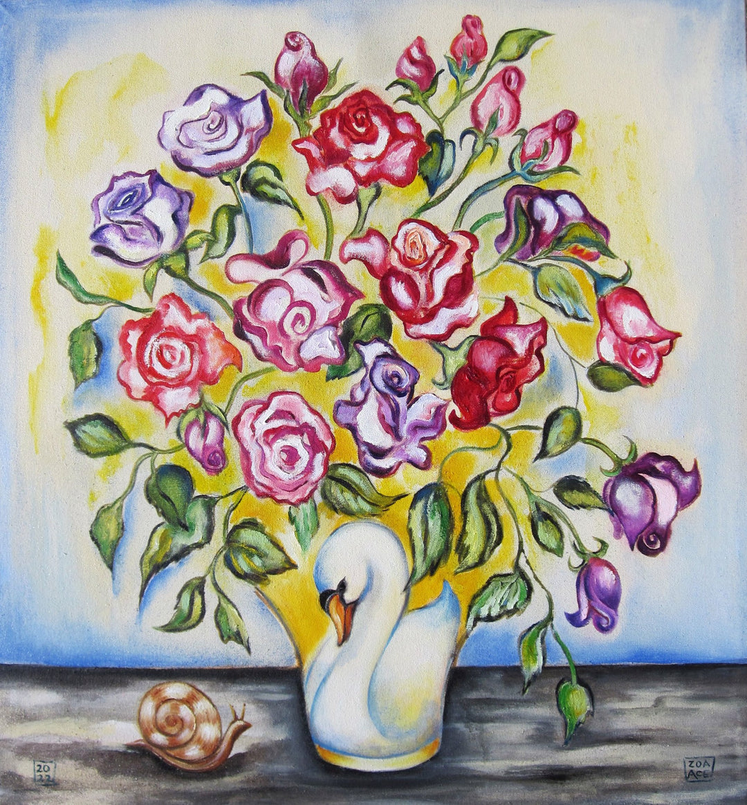An oil on canvas painting showcasing a graceful swan elegantly placed next to Zoa Ace's "Roses in a Swan Vase".