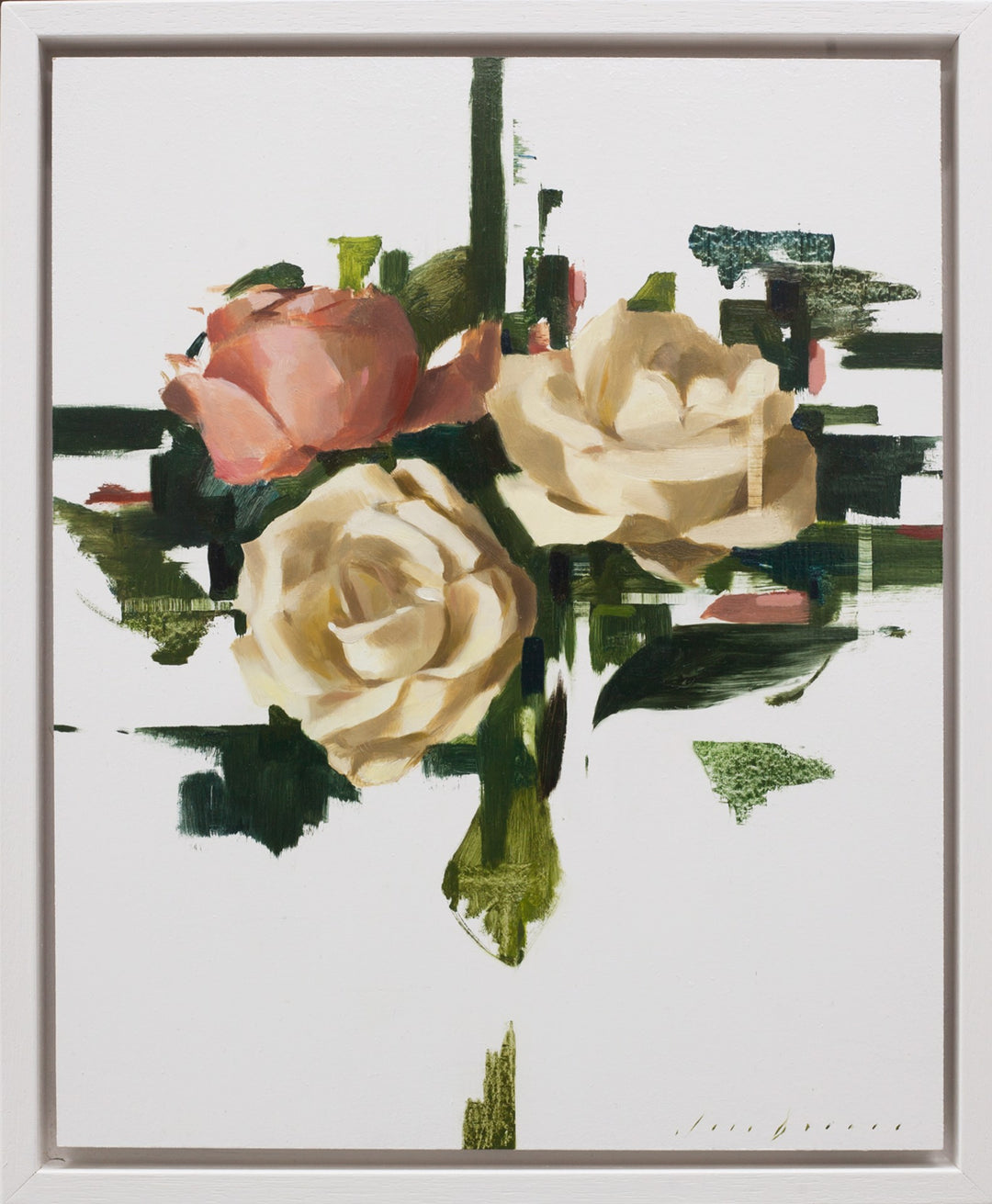 A painting of "Recomposed No. 2" by Jon Doran, depicting three roses in a white frame, oil on panel.