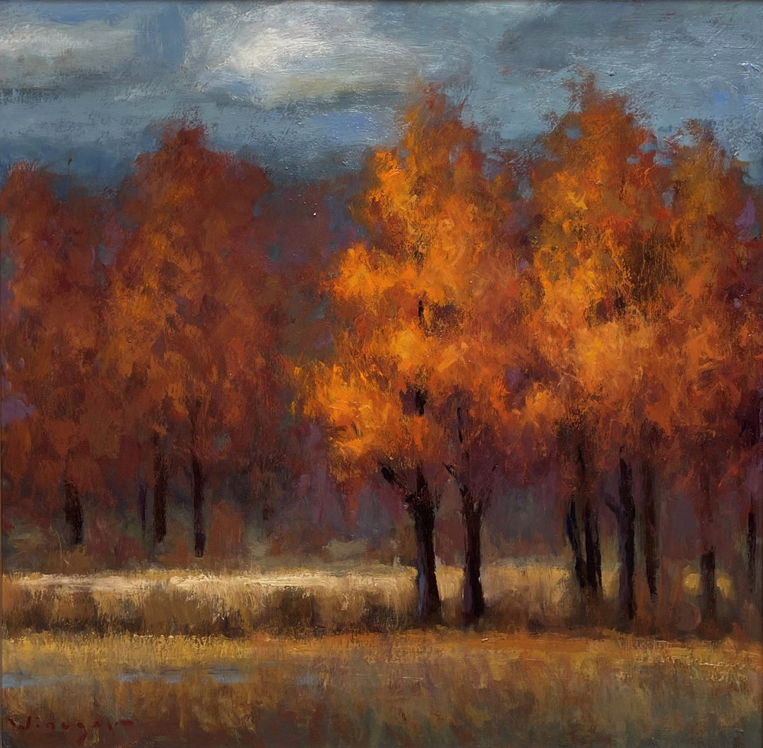 An oil painting of trees in autumn, "A Season of Red" by Seth Winegar.