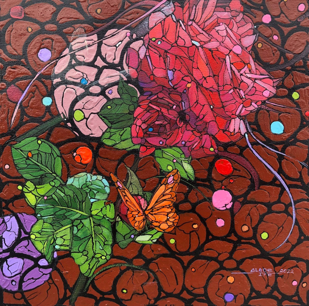 An artist's acrylic painting titled "Ifeoluwa Alade - Nectar IV" featuring a red rose and butterflies on a brown background.
