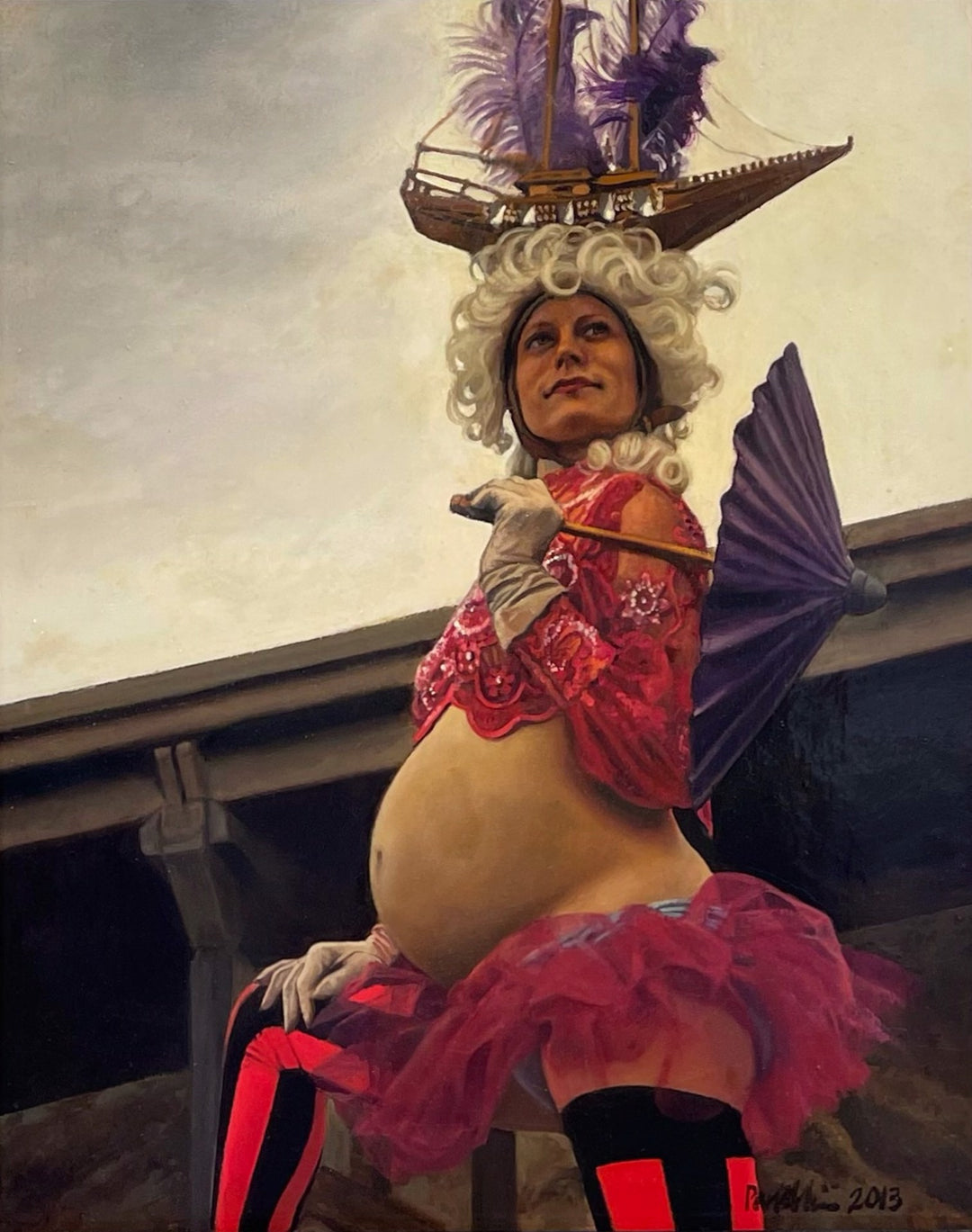 The Mooring of Scarlet" by Pamela Wilson is a captivating oil on canvas painting, depicting a pregnant woman gracefully holding an umbrella.