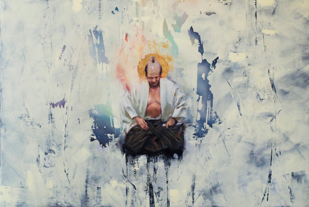 An exquisite oil painting of "Sepukku" by Justin Hopkins, expertly embellished with delicate touches of gold leaf.