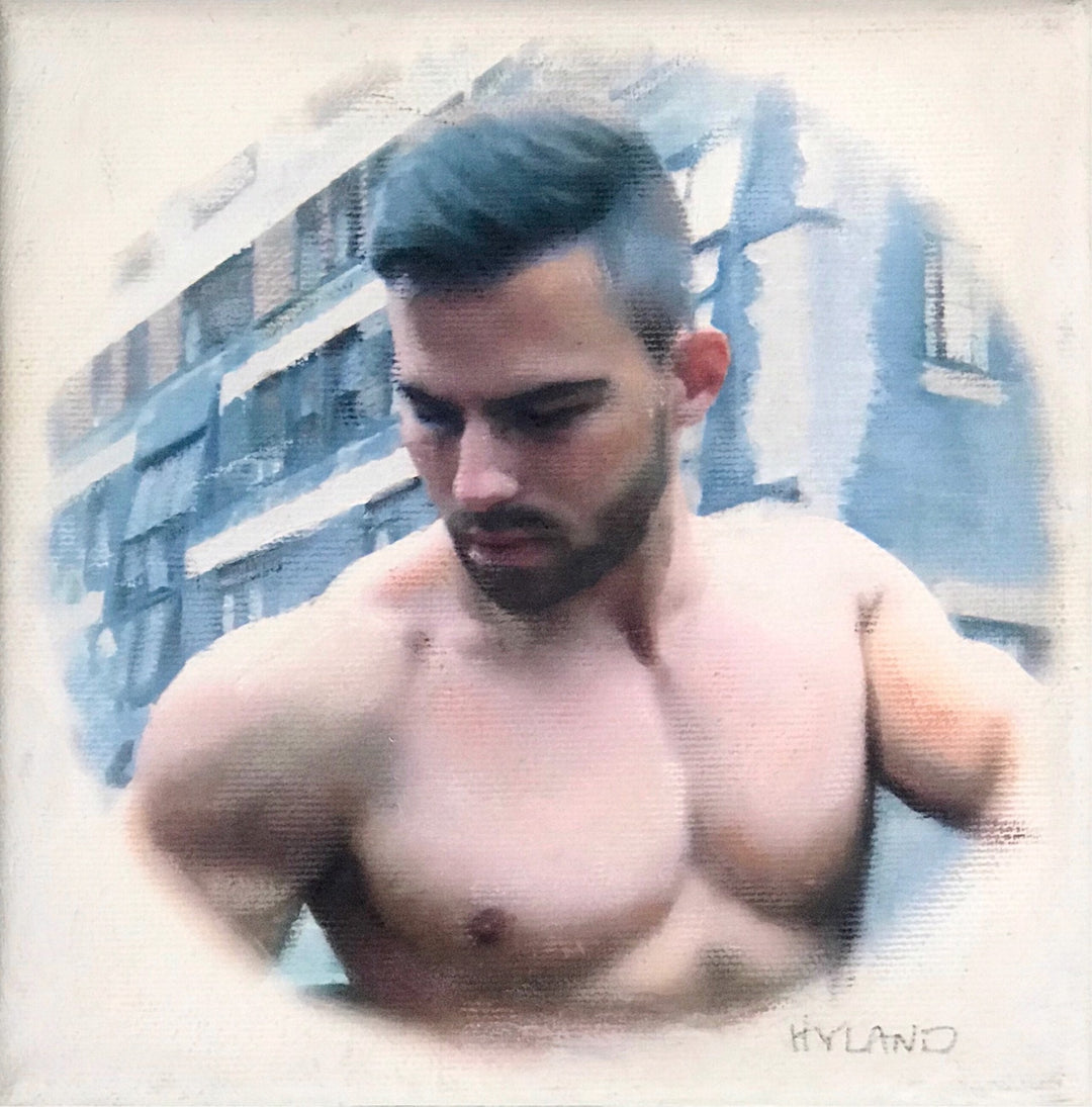 A painting by John Hyland, "The City Is No Place to Hide In," of a shirtless man in a city.