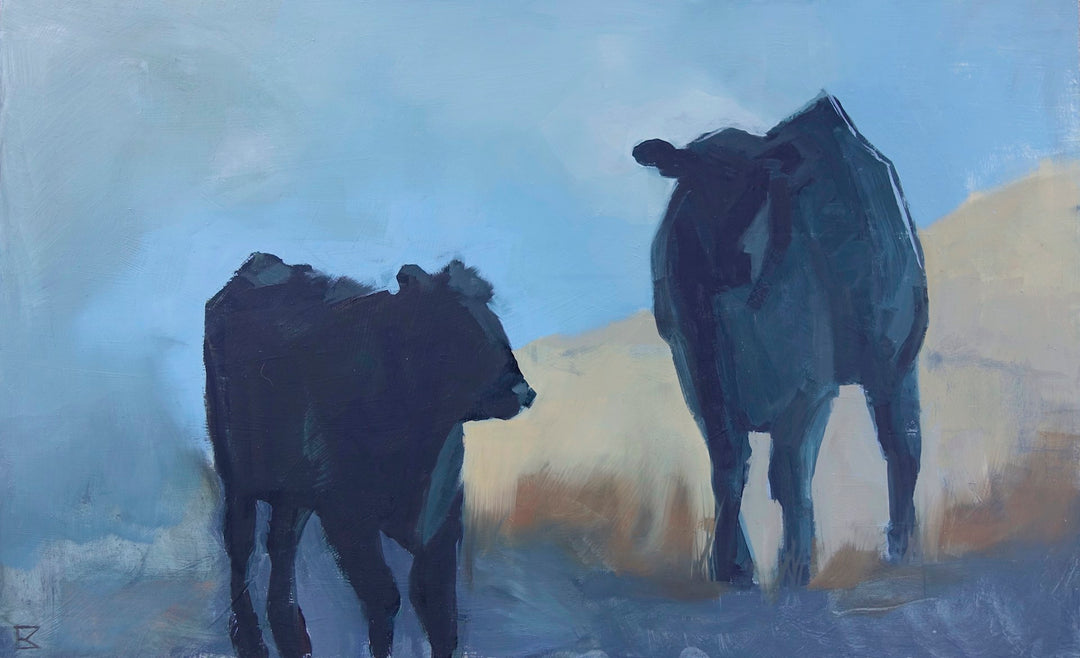 A beautiful painting capturing the tranquil image of two cows grazing peacefully in a sun-kissed field. Crafted with impeccable technique, this artwork by Emma Kalff showcasing the artist's mastery of "Herd Rhythm" by Emma Kalff.