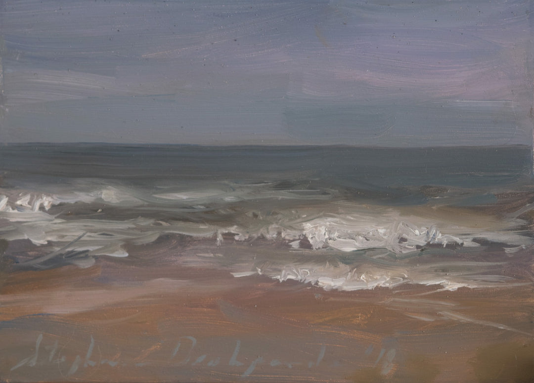 Stephanie Deshpande's "Ocean" on panel captures the serene beauty of an ocean beach, with breathtaking waves crashing in the background.