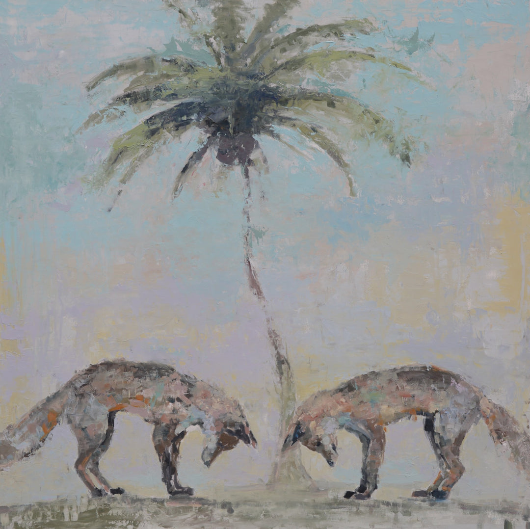 Two foxes standing in front of a palm tree, rendered with oil and wax on Canadian birch, from Brian Keith Stephens - "I Will Take You to Dinner in Sofia".