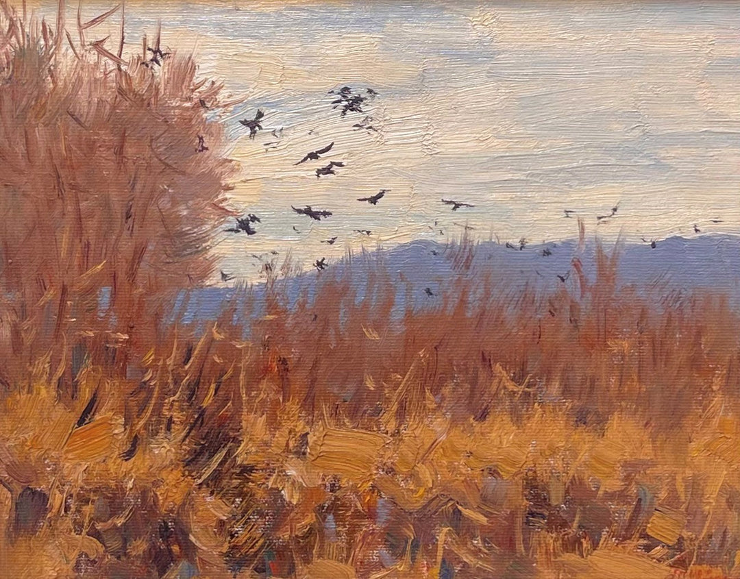 Lorenzo Chavez's stunning oil on board art captures the Lorenzo Chavez - "Song of Spring", depicting graceful birds soaring over a vibrant field.