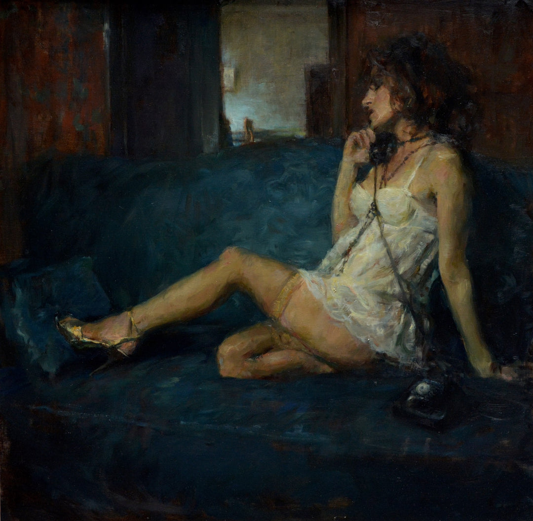 A painting by artist Ron Hicks of "On the Phone, 2023" by Ron Hicks of a woman sitting on a couch.